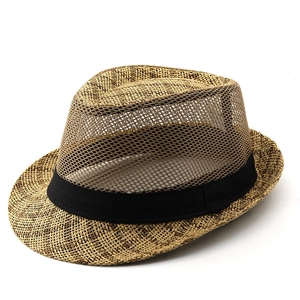 Men's breathable mesh straw fedora hat with black decorative band for summer sun protection