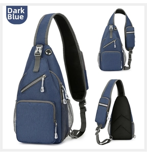 Detailed views of dark blue crossbody bag with multiple pockets and breathable mesh back