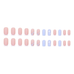 Matte square press-on nails with blue and white heart patterns and French tips design