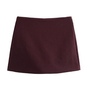 Flat lay of burgundy A-line mini skirt for women made of premium composite fabric