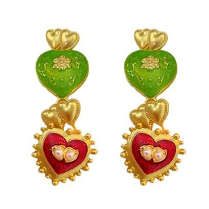 Vintage heart earrings with green and red enamel layers and pearl accents