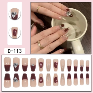 Burgundy French tips fake nails with silver heart rhinestones and glitter long coffin shape