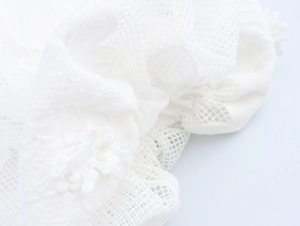 Close-up of white lace mesh fabric with intricate floral embroidery and textures