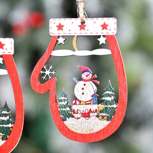 Wooden glove shaped Christmas tree ornament with snowman design and festive red and white colors