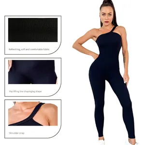 Seamless one shoulder black ribbed yoga jumpsuit for women with body shaping fit