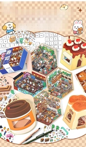 Detailed 3D life scene stickers featuring mini sushi shop and bakery designs