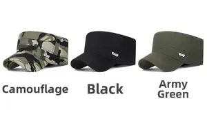 Flat top caps shown in camouflage, black, and army green with metal Sport label
