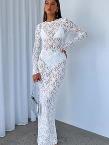 Elegant white lace long sleeve bodycon maxi dress with sheer hollow-out patterns
