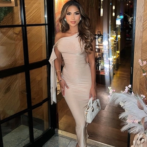 Detail of elegant beige off-shoulder satin dress with flowing sleeve and slim fit design