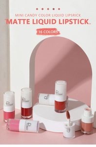 Mini candy-colored matte liquid lipstick set with 16 vibrant shades on geometric props