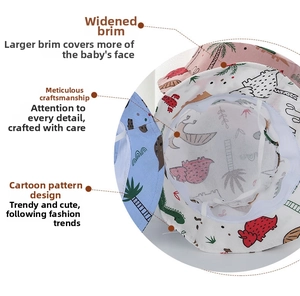 Detail view of the wide-brimmed kids sun hat featuring cute cartoon dinosaur prints