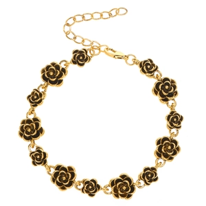 Retro gold alloy bracelet featuring elegant black enamel rose flowers with adjustable link chain
