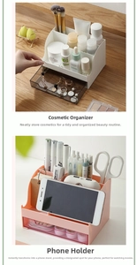 Multi-slot desk organizer with translucent drawer for makeup and stationery storage