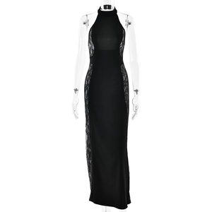 Robe longue licou noire sexy avec empiècements en dentelle et coupe ajustée