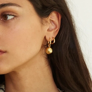 18K Gold Plated Stainless Steel Ball Pendant Hoop Earrings Minimalist High Polish Minimalist Style Jewelry For Women