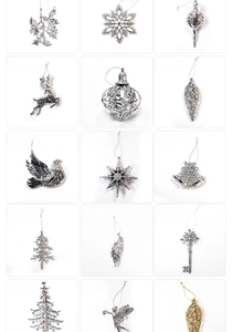 Detailed grid of silver and gold Christmas ornaments showing reindeer and snowflakes