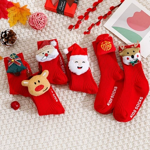 Chaussettes De Sol Noël Enfants Antidérapantes Coton Peigné 3D Dessin Animé Père Noël Renne Mi-Mollet Hiver Festif Rouge Pour Bébé