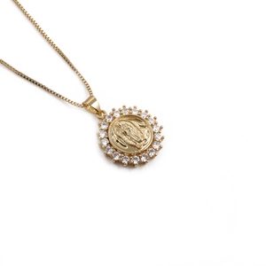 Gold plated Virgin Mary pendant necklace with sparkling cubic zirconia and box chain