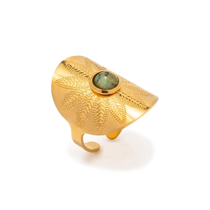 Vintage gold-plated stainless steel wide band ring with green turquoise and leaf carvings