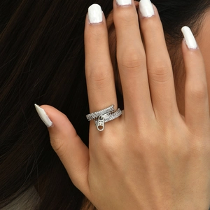 Adjustable zipper design open ring in silver tone with sparkling cubic zirconia pavé
