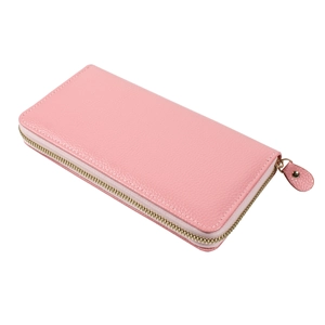 Elegant long pink wallet for women featuring classic lychee pattern and gold zipper closure