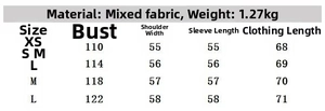 Detailed size chart for the women's long jacket including bust, shoulder, and sleeve measurements