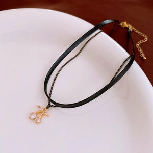 Double Layer Cherry Zircon Pendant Necklace Faux Leather Copper Chain Clavicle Choker Jewelry Simple Elegant