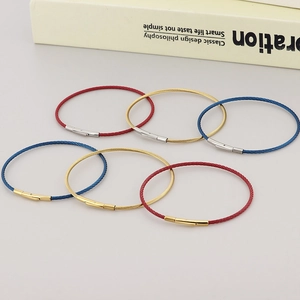 2mm stainless steel wire bracelets with secure metal clasps in red, blue, and gold tones