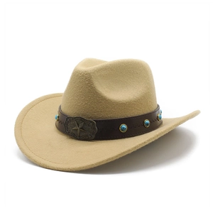 Detail of wool western cowboy hat featuring leather band with turquoise style beads and star