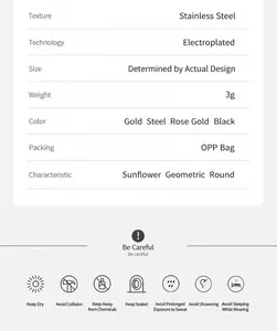 Detailed specification chart for 18K gold stainless steel sunflower stud earrings for women