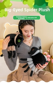 Detail of plush black spider toys with large expressive eyes in warm home setting