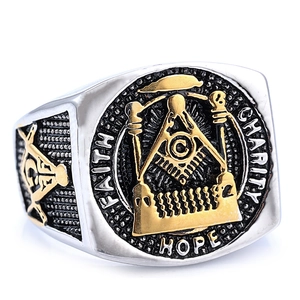 Men's Masonic signet ring in silver and gold stainless steel with engraved details