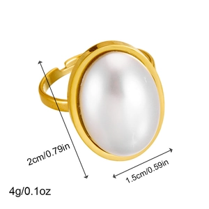 Detail of adjustable gold ring with oval pearl showing dimensions 2cm by 1.5cm