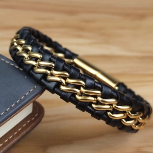 Men's double-layer punk bracelet featuring black braided leather and gold metal chain