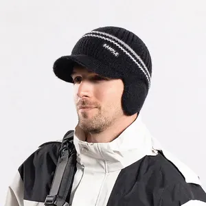 Men winter knit baseball cap with ear flaps and fleece lining for outdoor warmth