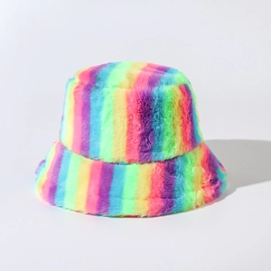 Close-up of colorful rainbow striped plush bucket hat with soft faux rabbit fur texture