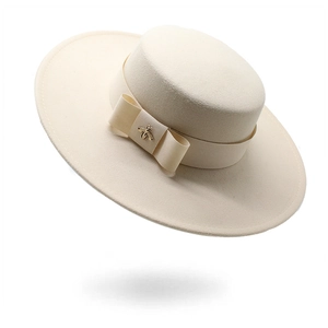 Boater Hat Flat Top Wide Brim Cotton Polyester Felt Ribbon Bow Gold Bee Ornament Vintage Elegant Fashion Women