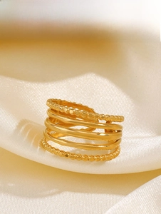 Macro detail of 5-layer gold-plated stainless steel ring with beaded and smooth textures