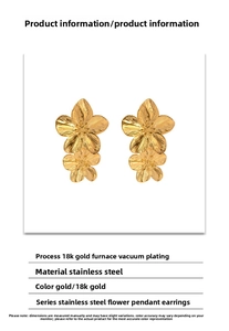 Detail of 18K gold plated stainless steel double flower earrings with brushed texture