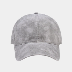 Detailed macro view of vintage washed cotton twill fabric and grey texture on baseball cap