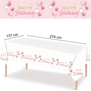 Pink Happy Birthday tablecloth with balloons and hearts, size 137x274 cm party cover