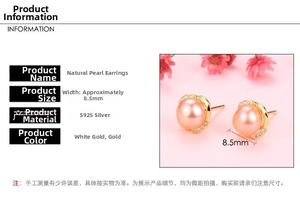 Detail view of 8.5mm natural pearl crown earrings in S925 silver finish and size specs