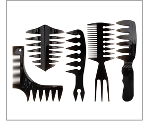 Five-piece professional black styling comb set featuring wide-tooth and dual-sided oil hair combs