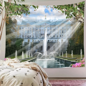 Detail of wall tapestry showing grand European palace architecture and garden fountain