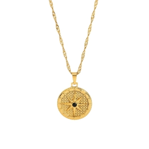 Gold eight-pointed star pendant necklace with black gemstone and water wave chain