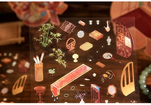 Detail of 3D gold foil stickers with Chinese classical bamboo and ceramic patterns