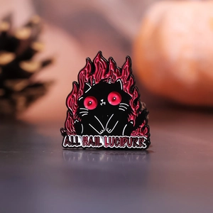 Halloween black cat enamel pin with red flames and 'ALL HAIL LUCIPURR' text on metal badge