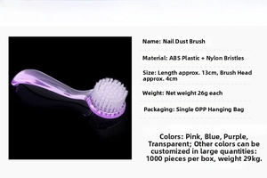 Detail view of purple nail dust brush with nylon bristles and clear ABS handle specifications