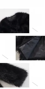 Detail of black faux fur jacket showing thick plush texture and smooth inner lining