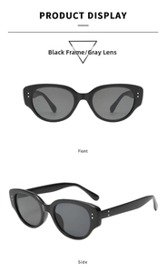 Detailed front and side view of Y2K oval cat eye sunglasses with metal rivet accents